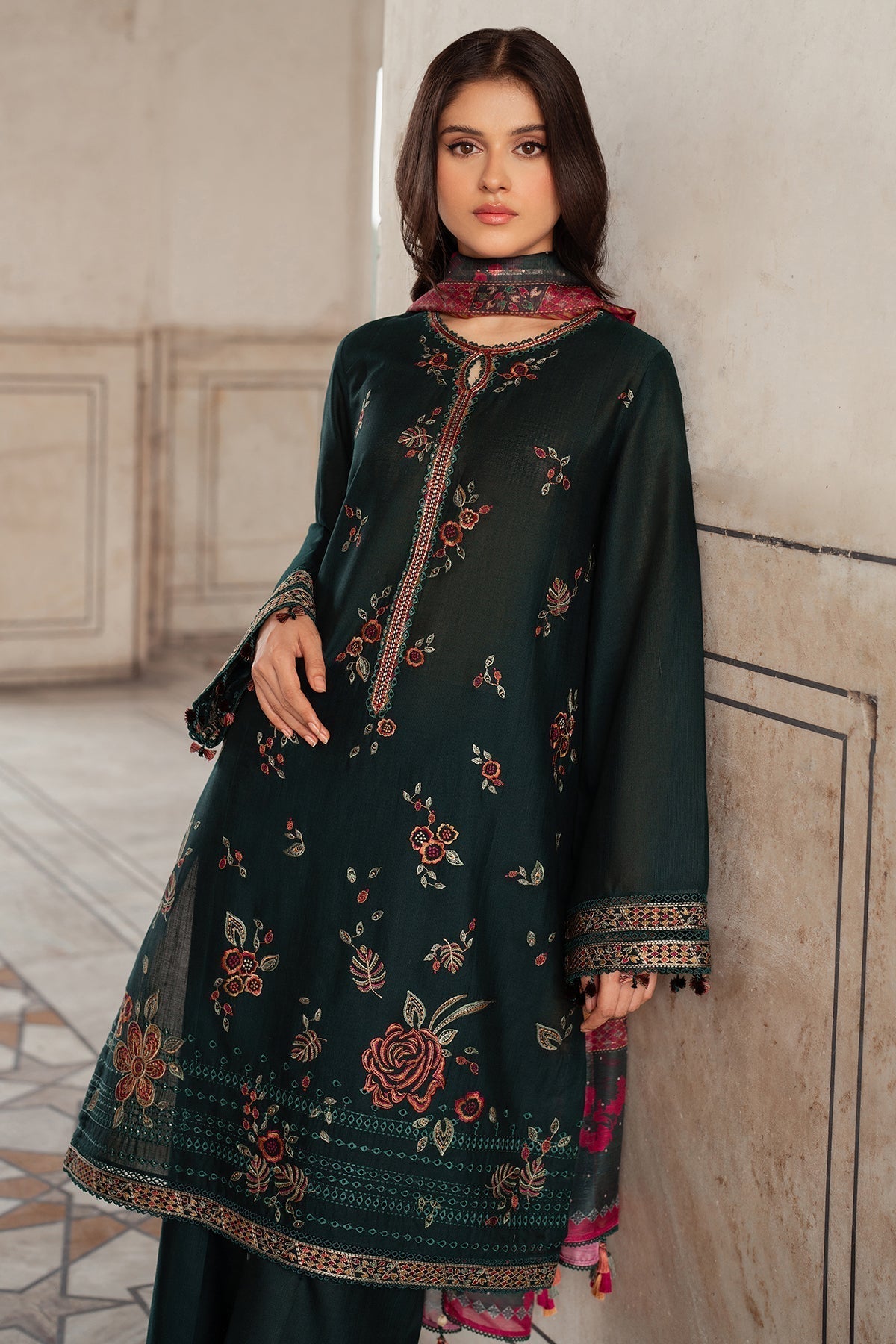 3PC Dhanak Embroidered Shirt With Digital Printed Shawl-133