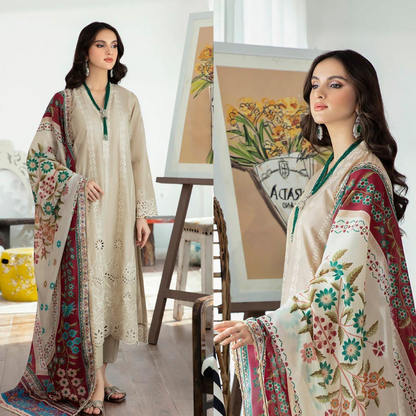 Lawn 3PC Chickenkari Embroidered Shirt With Digital Print Shawl-1044