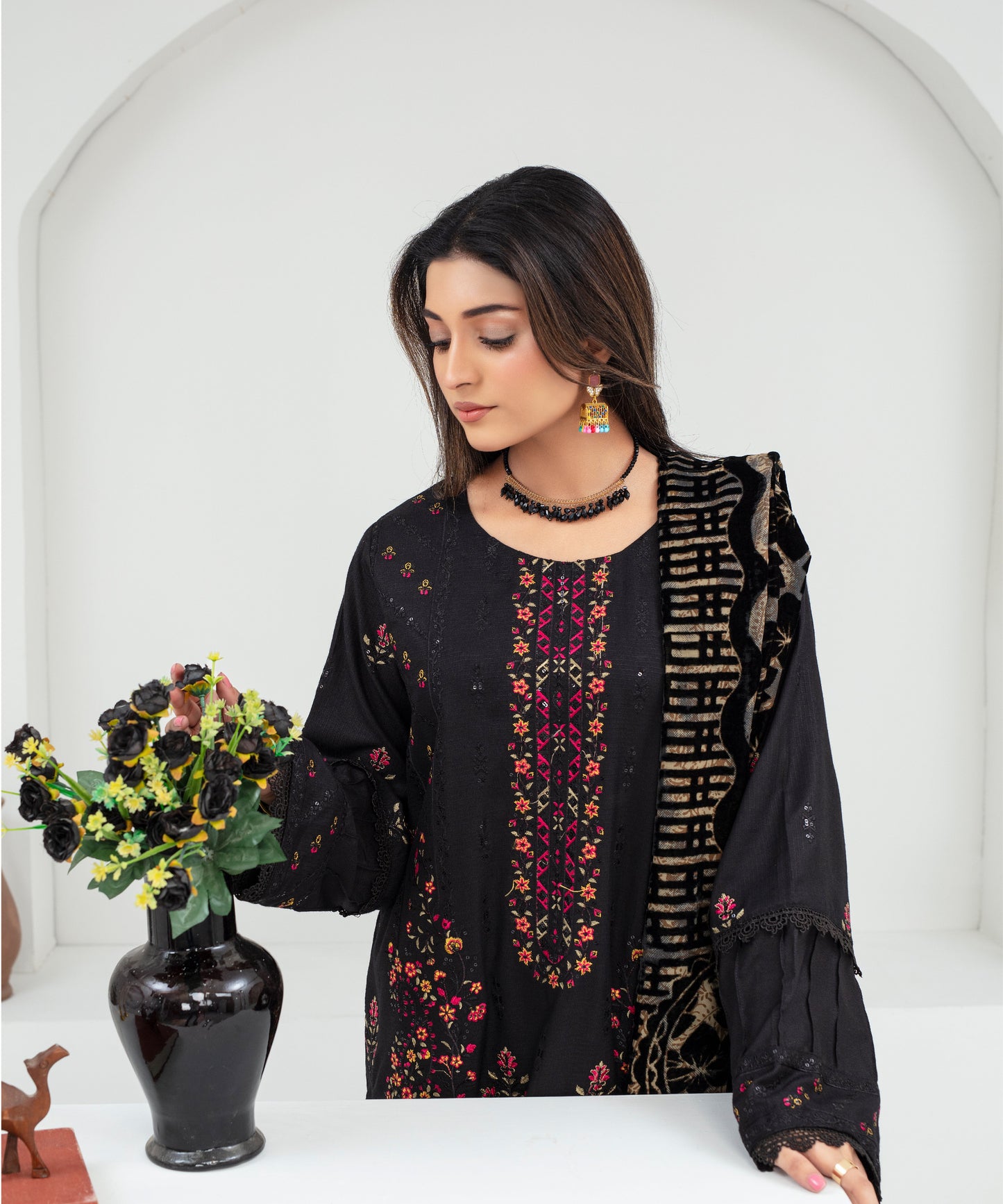 Dhanak 3PC Chikankari Embroidered Shirt With Velvet Plachi Shawl- 2101