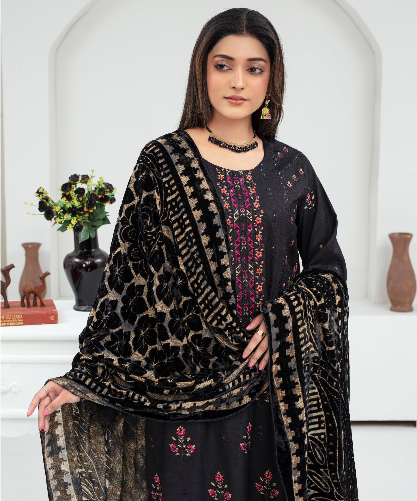 Dhanak 3PC Chikankari Embroidered Shirt With Velvet Plachi Shawl- 2101