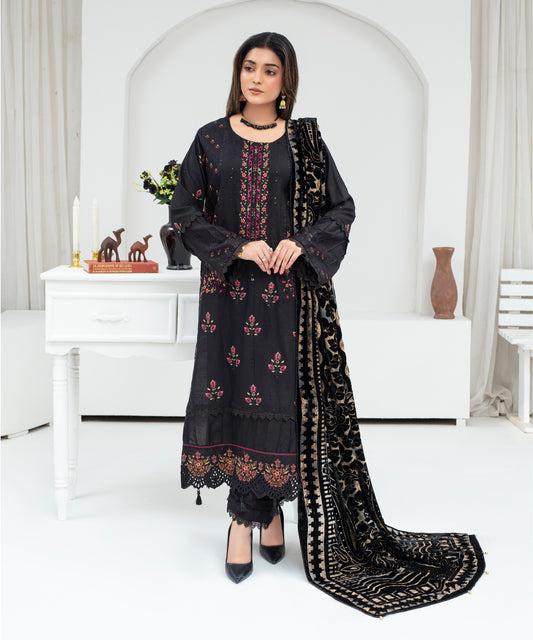 Dhanak 3PC Chikankari Embroidered Shirt With Velvet Plachi Shawl- 2101