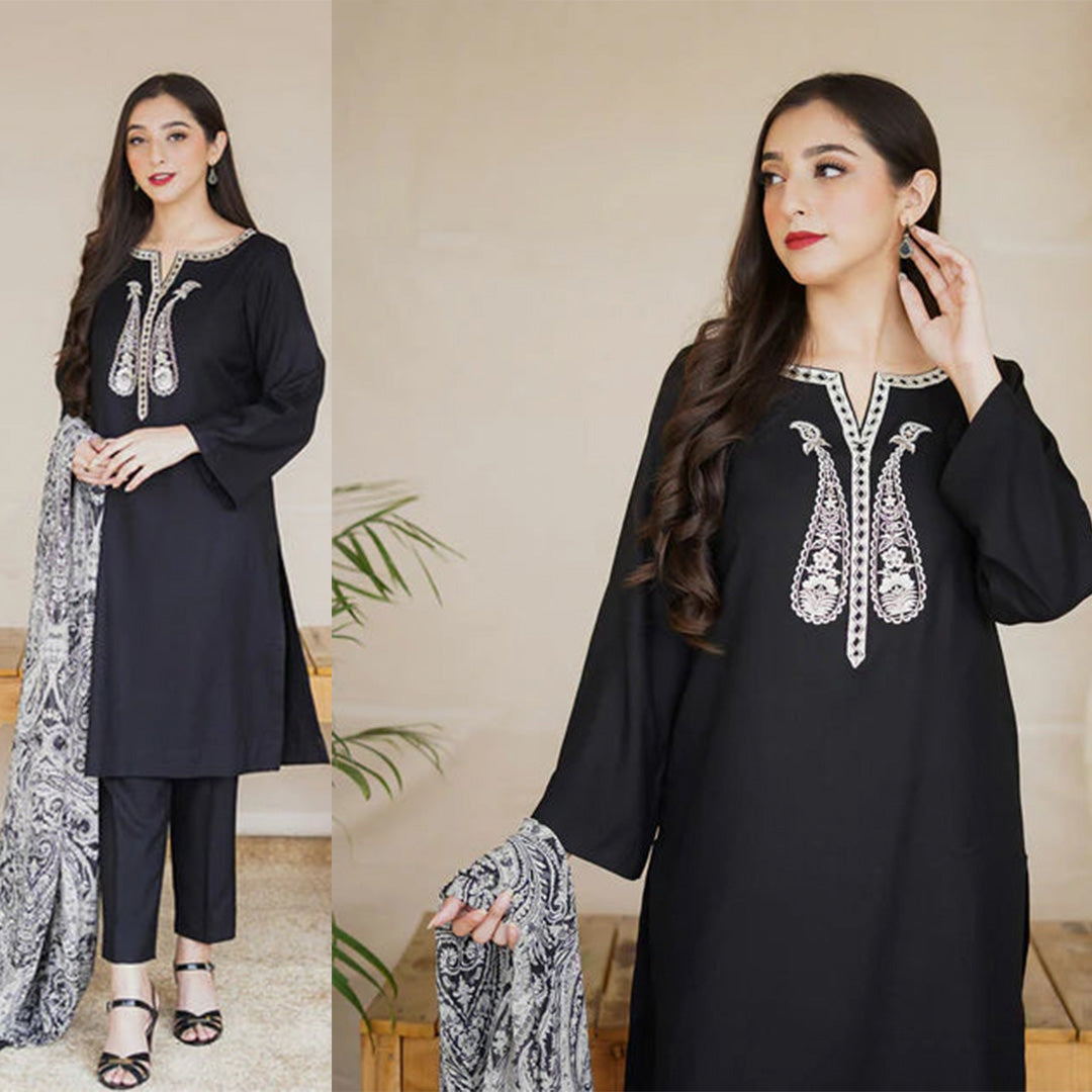 Dhanak 3PC Embroidered With Digital Printed Wool Shawl-601