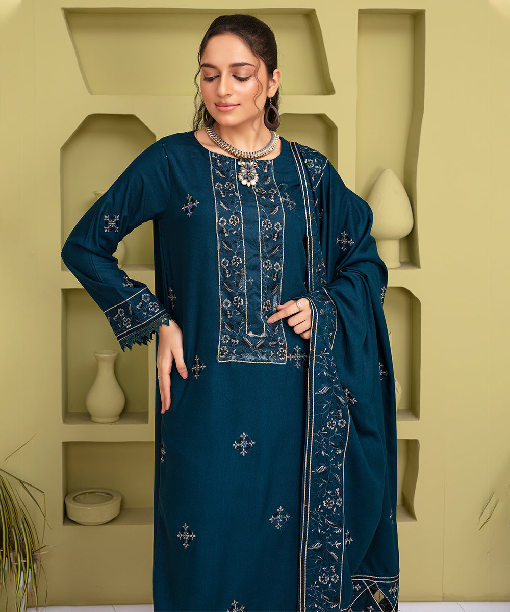 Karandi 3PC Embroidered With Lasercut Karandi Shawl Embroidered-2100