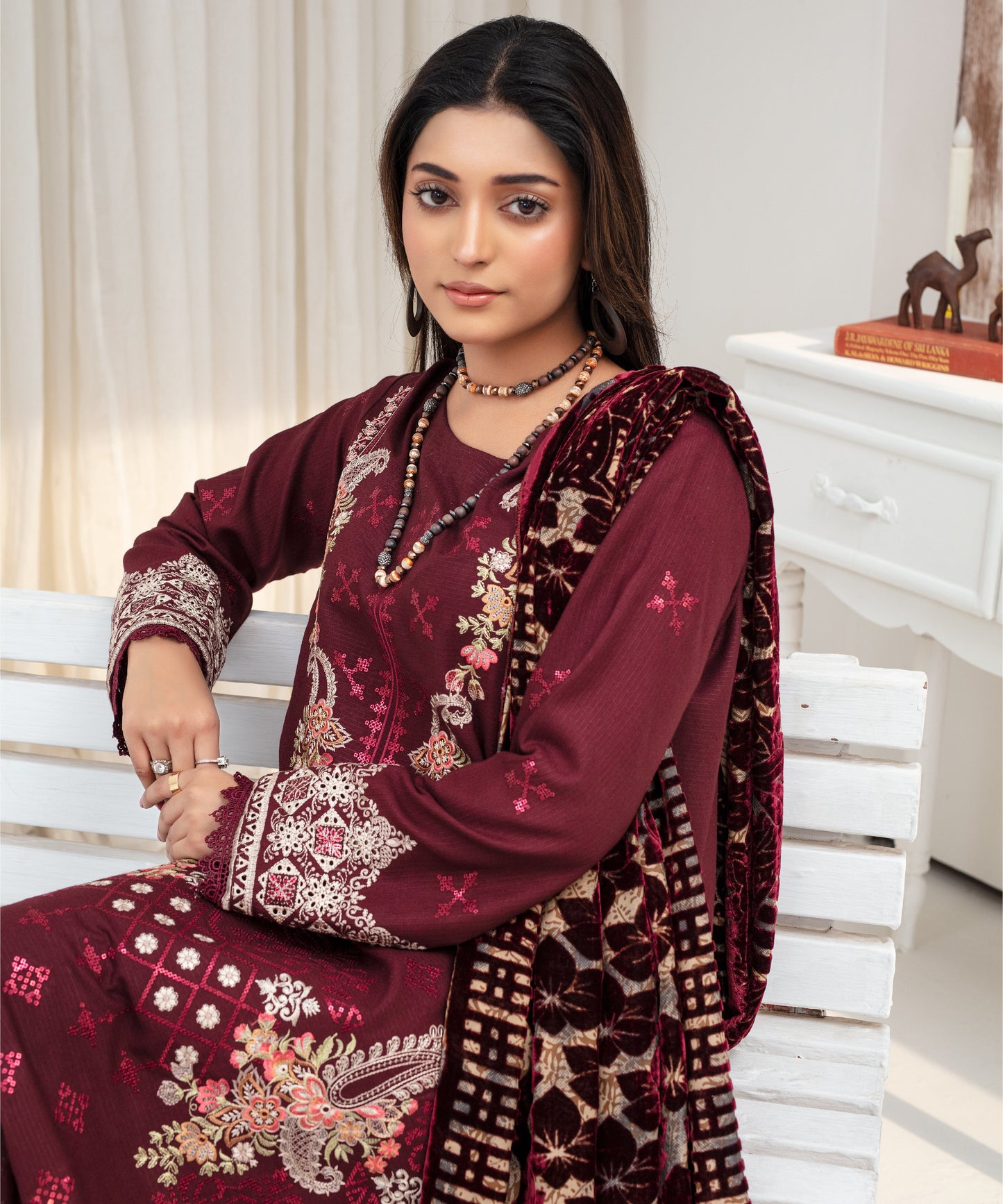 Dhanak 3PC Chikankari Embroidered Shirt With Velvet Plachi Shawl- 2104