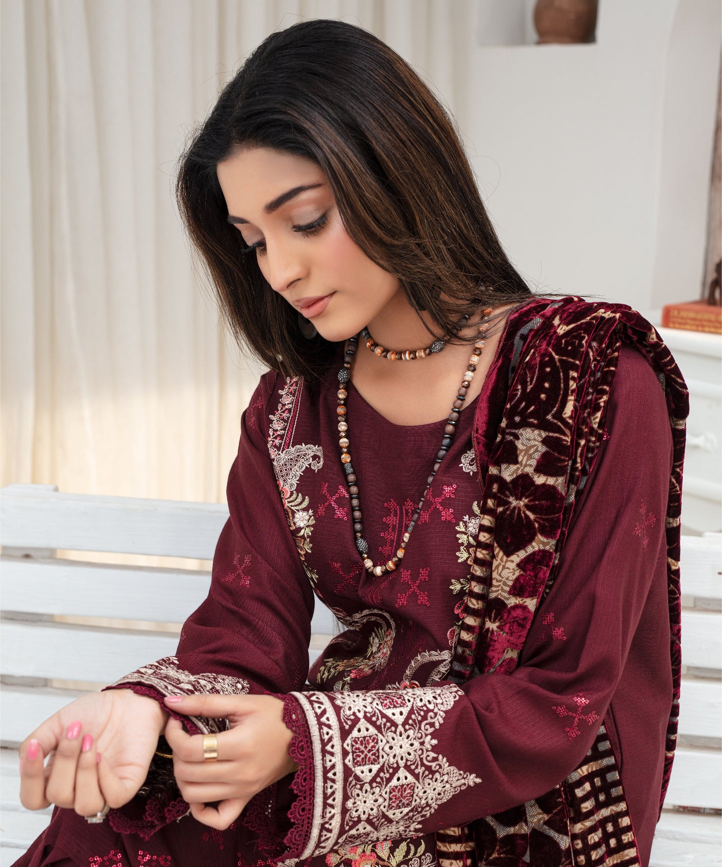 Dhanak 3PC Chikankari Embroidered Shirt With Velvet Plachi Shawl- 2104