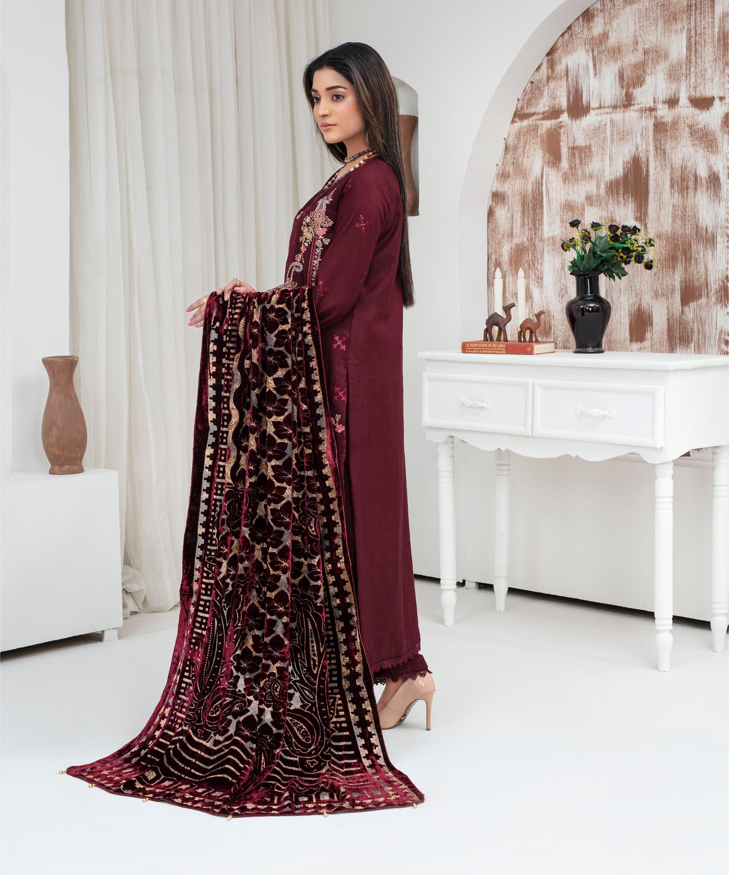 Dhanak 3PC Chikankari Embroidered Shirt With Velvet Plachi Shawl- 2104