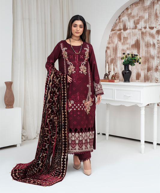 Dhanak 3PC Chikankari Embroidered Shirt With Velvet Plachi Shawl- 2104