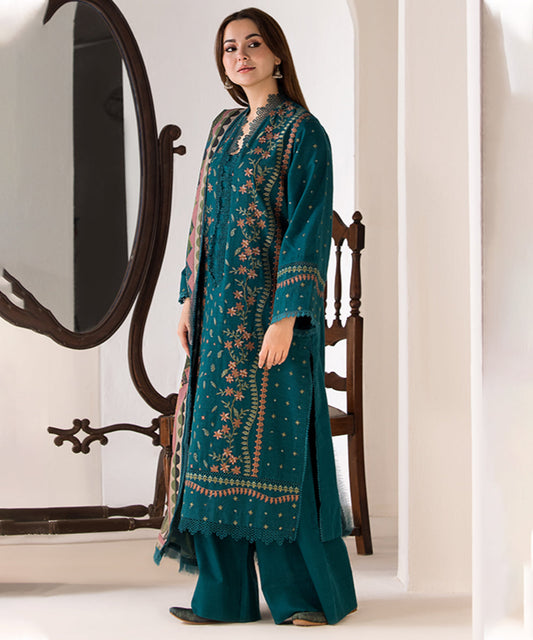 3PC DHANAK EMBROIDERED SHIRT WITH TWILL PRINTED SHAWL AND TROUSER-685