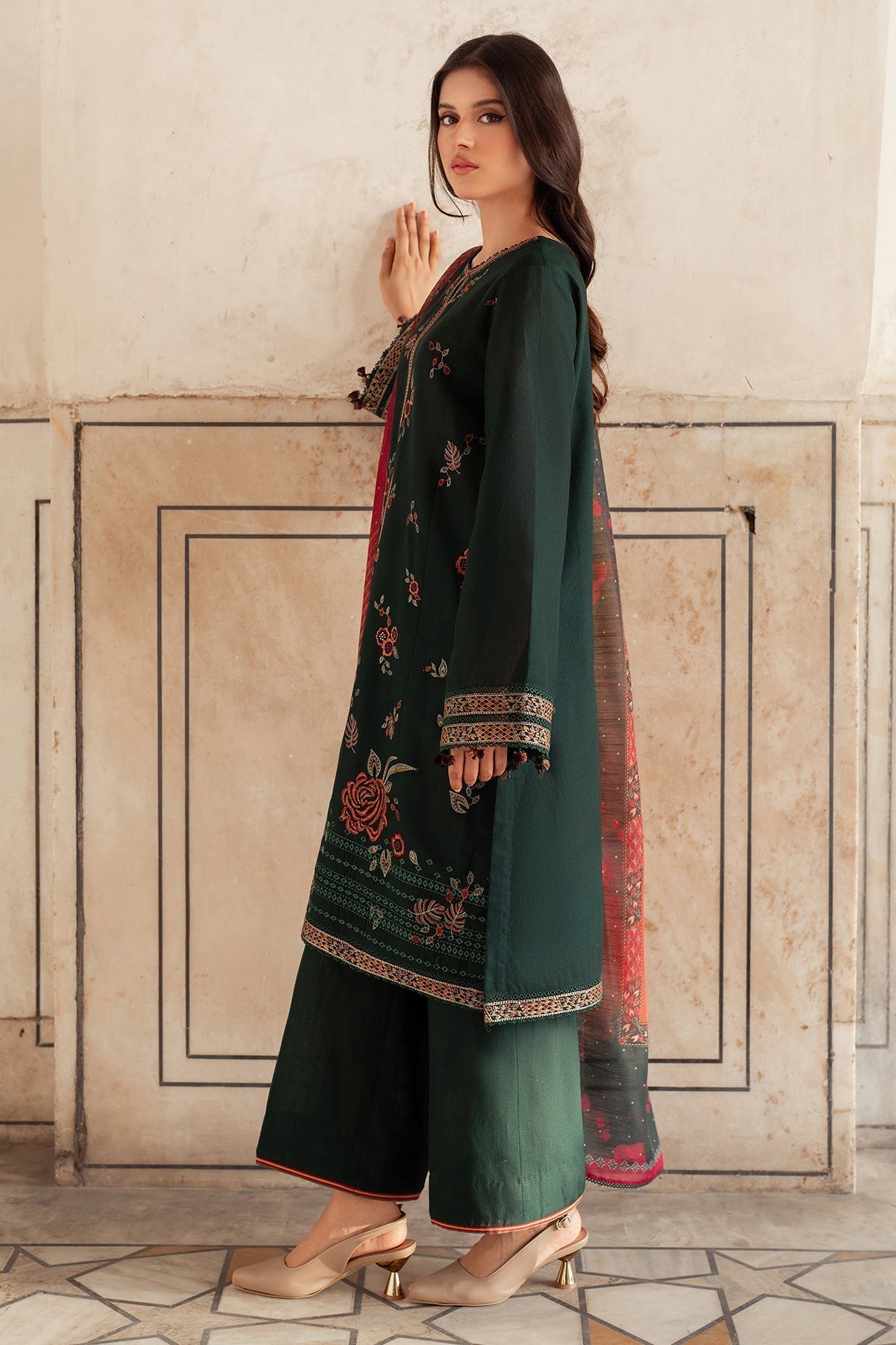 3PC Dhanak Embroidered Shirt With Digital Printed Shawl-133
