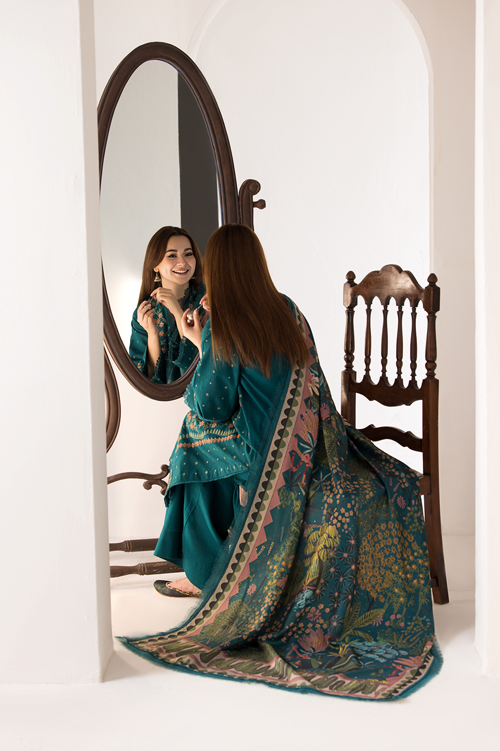 3PC DHANAK EMBROIDERED SHIRT WITH TWILL PRINTED SHAWL AND TROUSER-685