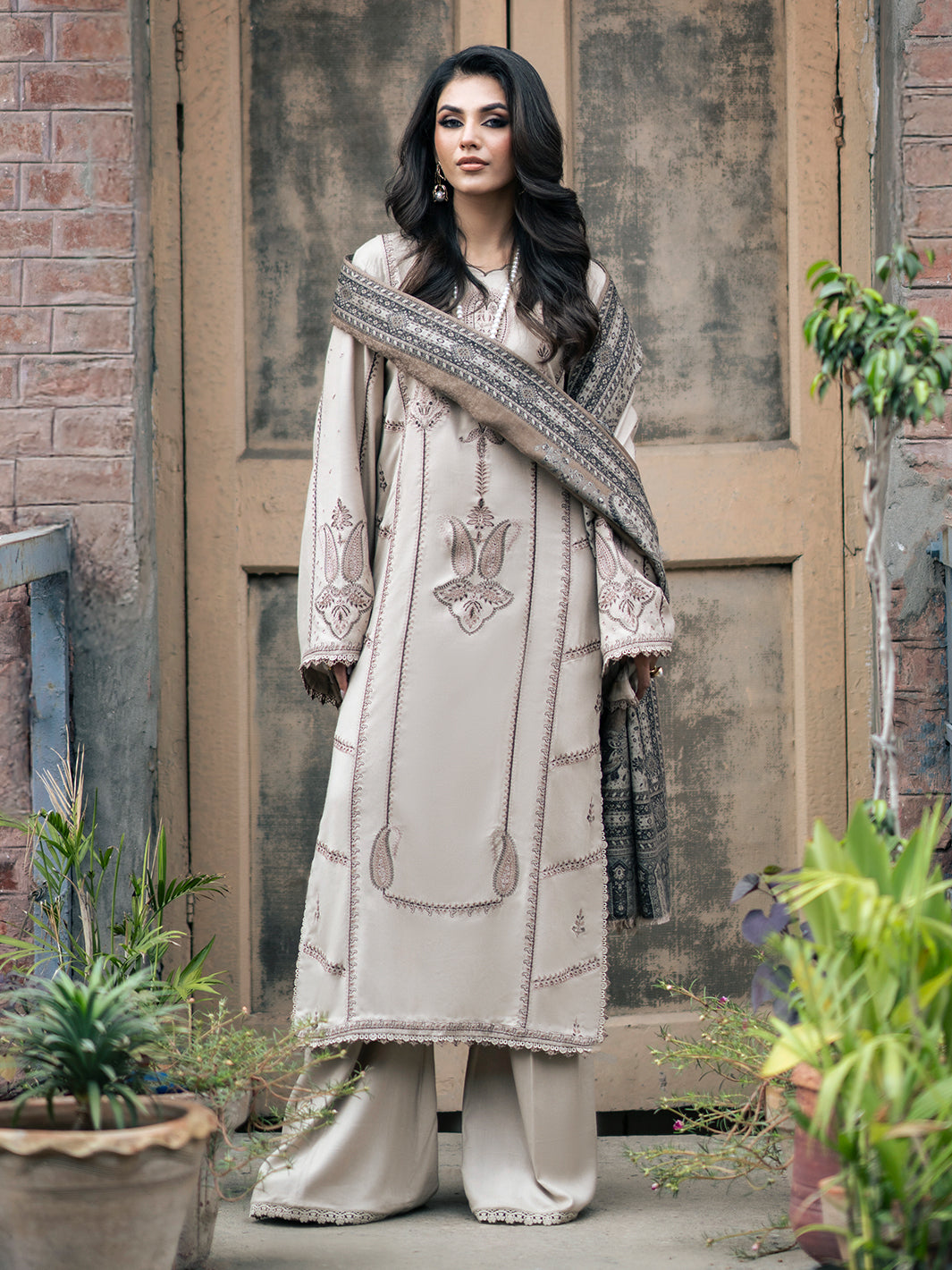 3PC Dhanak Embroidered Shirt With Digital Printed Shawl-257