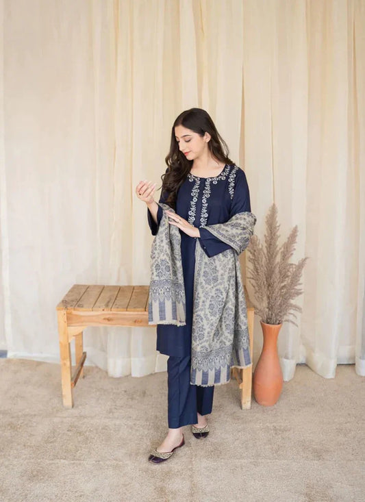 Dhanak 3PC Embroidered With Digital Printed Wool Shawl-629