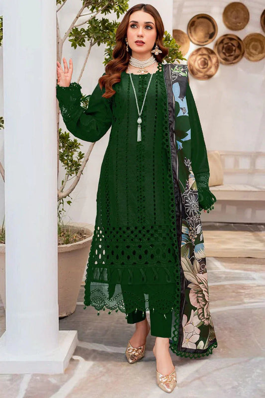 3PC CHIKENKARI Lawn Embroidered With Printed Dupatta-1067