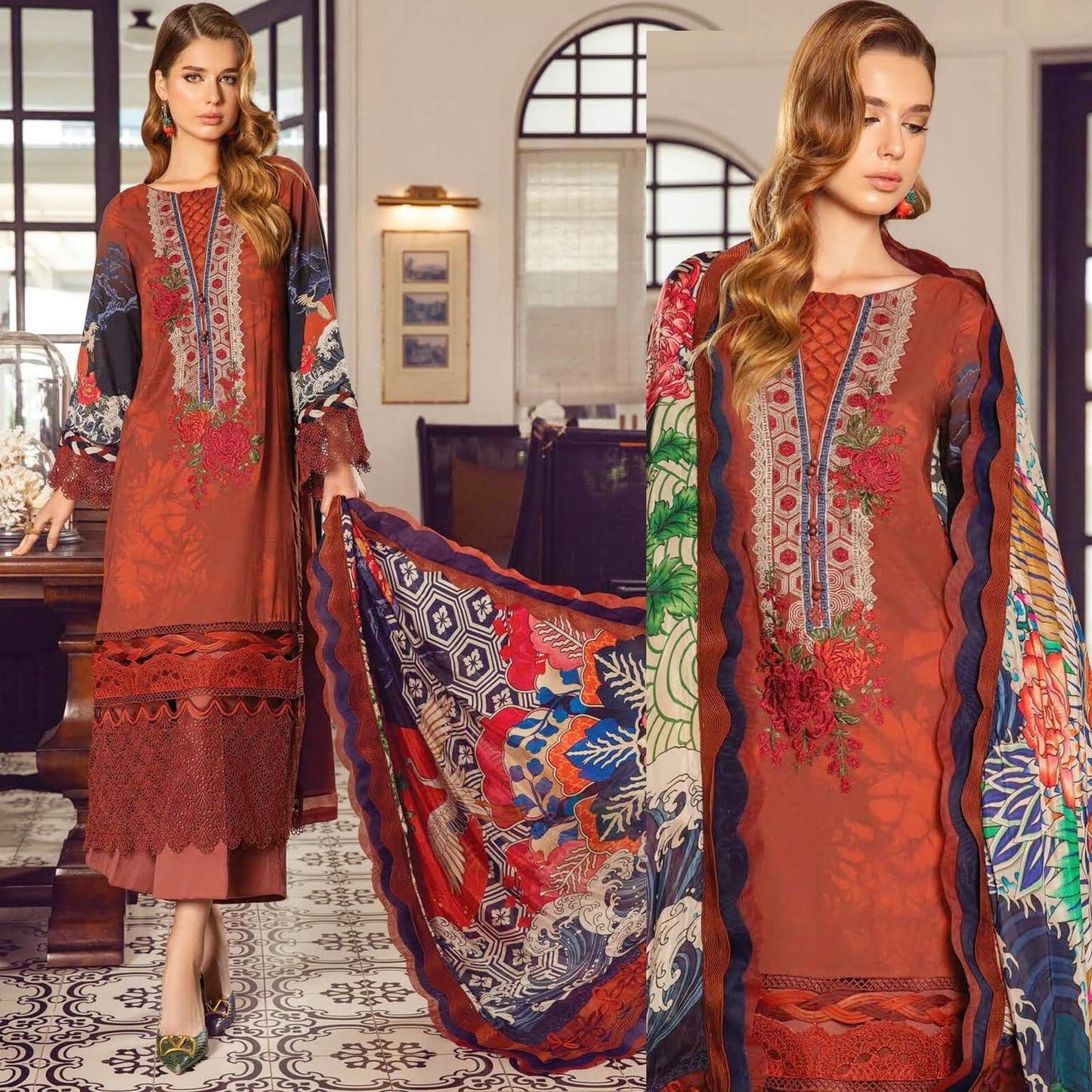 LAWN 3PC Printed Shirt With Printed Dupatta And Trouser-778